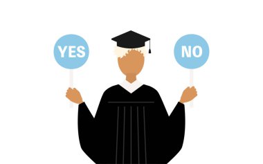 Elinde evet-hayır sopasıyla mezuniyet elbisesi ve kare şapkalı siyah bir kadın mezununun basit bir çizimi, Vector Illustration