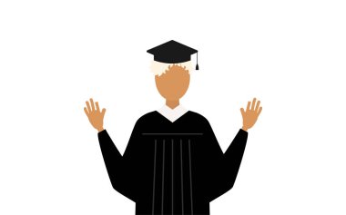 Mezuniyet elbisesi ve kare şapkalı siyah bir kadın mezununun basit bir resmi. Elini kaldırması sürpriz oldu.