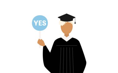 Elinde evet-hayır sopasıyla mezuniyet elbisesi ve kare şapkalı siyah bir kadın mezununun basit bir çizimi, Vector Illustration