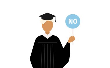 Elinde evet-hayır sopasıyla mezuniyet elbisesi ve kare şapkalı siyah bir kadın mezununun basit bir çizimi, Vector Illustration