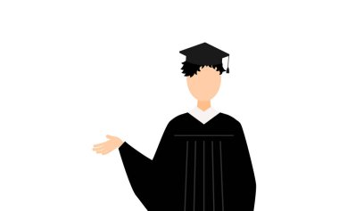 Mezuniyet elbiseleri ve kare şapkalar içinde Asyalı bir erkek mezunun basit bir resmi, Vector Illustration