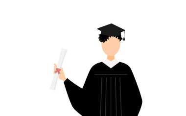 Mezuniyet elbiseleri ve kare şapkalar içinde elinde diploma taşıyan Asyalı bir erkek mezununun basit bir çizimi.