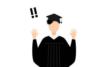 Mezuniyet elbiseleri ve kare şapkalar içinde Asyalı bir erkek mezunun basit bir resmi. Şaşırarak elini kaldırıyor, Vector Illustration