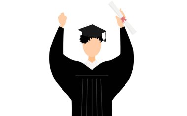 Mezuniyet elbiseleri ve kare kapaklı giysiler içinde diplomayla karnına yumruk atan Asyalı bir erkek mezununun basit bir çizimi, Vector Illustration
