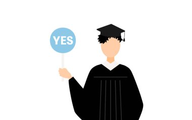 Mezuniyet elbisesi ve kare şapkalı Asyalı bir erkek mezununun basit bir tasviri. Elinde evet-hayır çubuğu var, Vector Illustration.