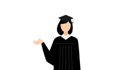 Mezuniyet elbiseleri ve kare şapkalar içinde Asyalı bir kadın mezununun basit bir çizimi, Vector Illustration