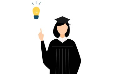 Mezuniyet elbiseleri ve kare şapkalar içinde Asyalı bir kadın mezununun basit bir çizimi ilham verici fikirler, Vektör İllüzyonu