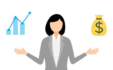 İş kadını takım elbisesinin basit bir çizimi satış ve grafikleri analiz eder, Vektör İllüstrasyonu