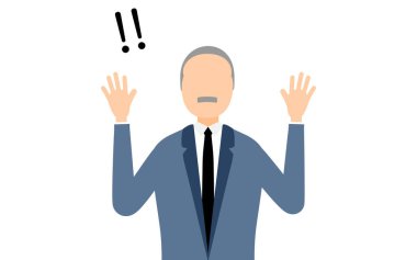 İş adamı kılığındaki iş adamının basit bir resmi. Elini kaldırması sürpriz oldu, Vector Illustration.