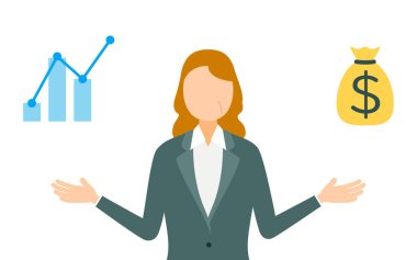 İş kadını takım elbisesinin basit bir çizimi satış ve grafikleri analiz eder, Vektör İllüstrasyonu