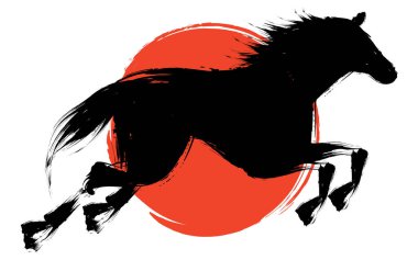 Japon geleneksel hayran at ve Japon desenli bulutlar denizi, Çin burcu 2026, Vektör İllüstrasyonu