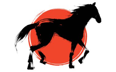 Japon geleneksel hayran at ve Japon desenli bulutlar denizi, Çin burcu 2026, Vektör İllüstrasyonu