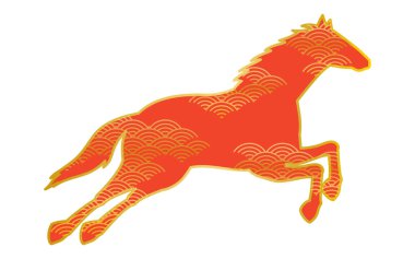 Zıplayan atlar Japon desenli siluet Seigaiha, Japon stili malzeme, 2026 Çin burcu, at işareti.