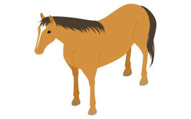 Ayakta duran kahverengi saçlı bir atın basit izometrik çizimi (çapraz olarak ileri), Vektör İllüzyonu