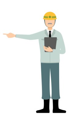 Kask takan üst düzey bir yöneticinin basit bir çizimi. Panoyu al ve mesafeyi göster.