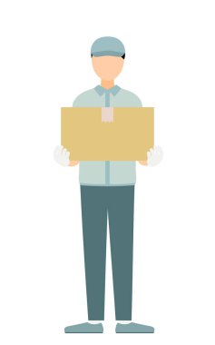 Elinde karton kutu olan şapkalı bir işçinin basit bir çizimi, Vector Illustration.