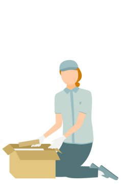 Şapka takan yaşlı bir kadının karton kutuya bir paket koymasının basit bir çizimi, Vektör İllüzyonu