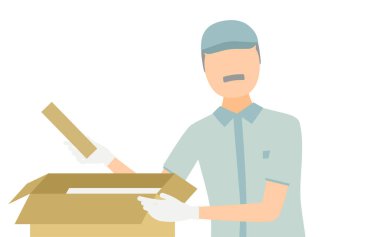 Şapka takan üst düzey bir işçinin karton bir kutuya bir paket koymasının basit bir çizimi, Vector Illustration