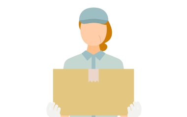 Elinde karton bir kutu, vektör illüstrasyonu olan şapkalı yaşlı bir kadının basit bir çizimi.