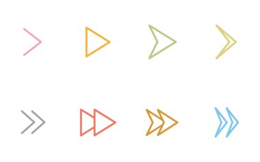 Renkli, sevimli ve basit ok simgeleri kümesi, üçgen, oynat, hızlı ileri, Vektör İllüzyonu