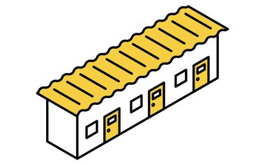 Geçici konutlar, soyunma odaları vs. için prefabrik bir barakanın basit bir çizgi çiziminin Isometric çizimi, Vektör İllüstrasyonu