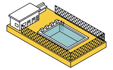 Çitle çevrilmiş açık hava yüzme havuzunun, soyunma odalı basit bir çiziminin Isometric çizimi, Vektör İllüzyonu