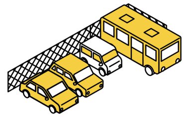 Çitli bir otoparkın, otobüslerin ve arabaların (sedan ve hafif vagon) basit bir çizgi çiziminin Isometric çizimi, Vector Illustration