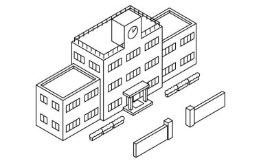 Bir okul binası / binasının kuş bakışı manzaralı basit bir çizgi çiziminin Isometric çizimi, Vektör İllüzyonu