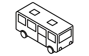 Bir otobüsün, okul otobüsünün, Vektör İllüzyonu 'nun basit bir çizgi çiziminin Isometric çizimi