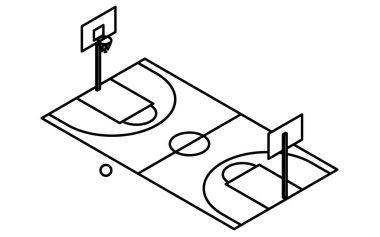 Bir basketbol sahasının basit bir çizgi çiziminin Isometric illüstrasyonu, Vektör İllüstrasyonu