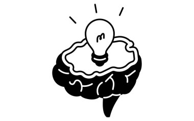 Beynin görüntüsü ve parlayan ampul ilhamı, basit çizgi çizimi ikonu, izometrik illüstrasyon, vektör illüstrasyonu