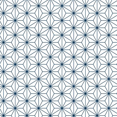 Asanoha kusursuz geleneksel Japon modeli. Geometrik kenevir yaprağı motifi lacivert. Tekstil, kültürel ve dekoratif Japon tasarım temaları için yinelenen arka plan, Vektör İllüstrasyonu