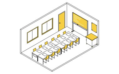 Beyaz tahtası ve konferans masaları olan bir okul konferans salonunun basit ve şirin izometrik çizimi, Vektör İllüstrasyonu