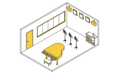 Basit ve şirin izometrik çizim. Okul müzik odasının resimlerini çiziyor. Piyano ve müzik tezgahları var.