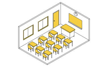 Basit ve şirin izometrik çizgi karatahtası, öğretme masası, masası ve sandalyeleri olan bir okul sınıfının resimlerini çiziyor.