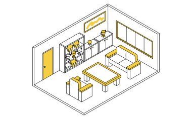 Basit ve şirin izometrik çizgi. Okul resepsiyon odasının resimlerini çiziyor. Üzerinde ödüller ve plaklar var.