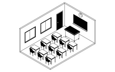 Basit ve şirin izometrik çizgi karatahtası, öğretme masası, masası ve sandalyeleri olan bir okul sınıfının resimlerini çiziyor.