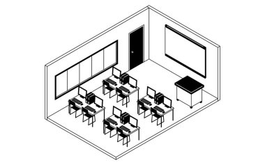 Basit ve şirin izometrik çizim, bilgisayarlarla kaplı bir okul bilgisayar laboratuvarının çizimi, Vektör İllüstrasyonu