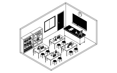 Basit ve şirin izometrik çizgi, bilim laboratuarı ekipmanlarıyla bir okul bilim laboratuvarının çizimi, Vektör İllüzyonu