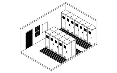 Basit ve şirin izometrik çizgi. Okulun soyunma odasının resimlerini çiziyor. Dolapları, Vektör İllüzyonu.