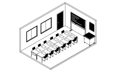 Beyaz tahtası ve konferans masaları olan bir okul konferans salonunun basit ve şirin izometrik çizimi, Vektör İllüstrasyonu