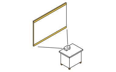Projektörün basit ve şirin izometrik çizgileri ve görsel odadaki geniş ekran, Vektör İllüzyonu
