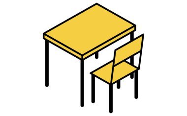 Basit ve şirin izometrik çizgi sanatı bir okul sınıfında masa ve sandalye, Vektör İllüzyonu