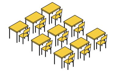 Masaları ve sandalyeleri olan bir okul sınıfının basit ve şirin izometrik çizgisi, Vektör İllüzyonu