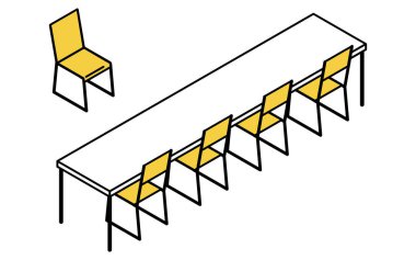 Sorgu odasında uzun bir masa ve sandalyenin basit ve şirin izometrik çizgisi, Vector Illustration