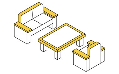 Basit ve şirin izometrik çizgiler. Kanepesi ve alçak tablosu olan bir kabul odası çizimi. Vektör İllüzyonu.