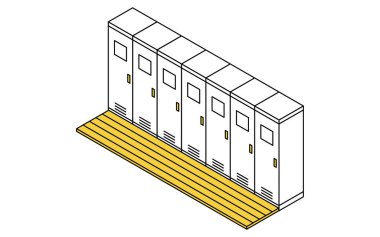 Soyunma odaları ve soyunma odaları olan bir soyunma odasının basit ve şirin izometrik çizgisi, Vector Illustration