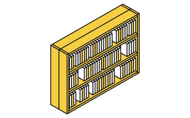 Kütüphane veya referans odasındaki kısa bir kitaplığın basit ve şirin izometrik çizgisi çizimi, Vektör İllüstrasyonu