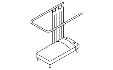 Basit ve şirin izometrik çizgiler. Bir hastanenin ya da perdeleri açık revir yatağının resim çizimi. Vektör İllüstrasyonu.