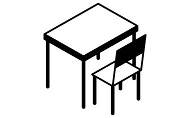 Basit ve şirin izometrik çizgi sanatı bir okul sınıfında masa ve sandalye, Vektör İllüzyonu